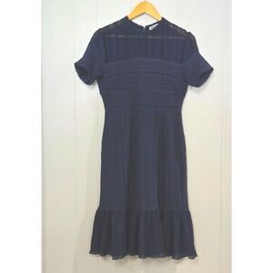 Chelsea28 Navy Blue Lace Swiss Dot Midi Dress Short Sleeve Ruffle Hem Size L